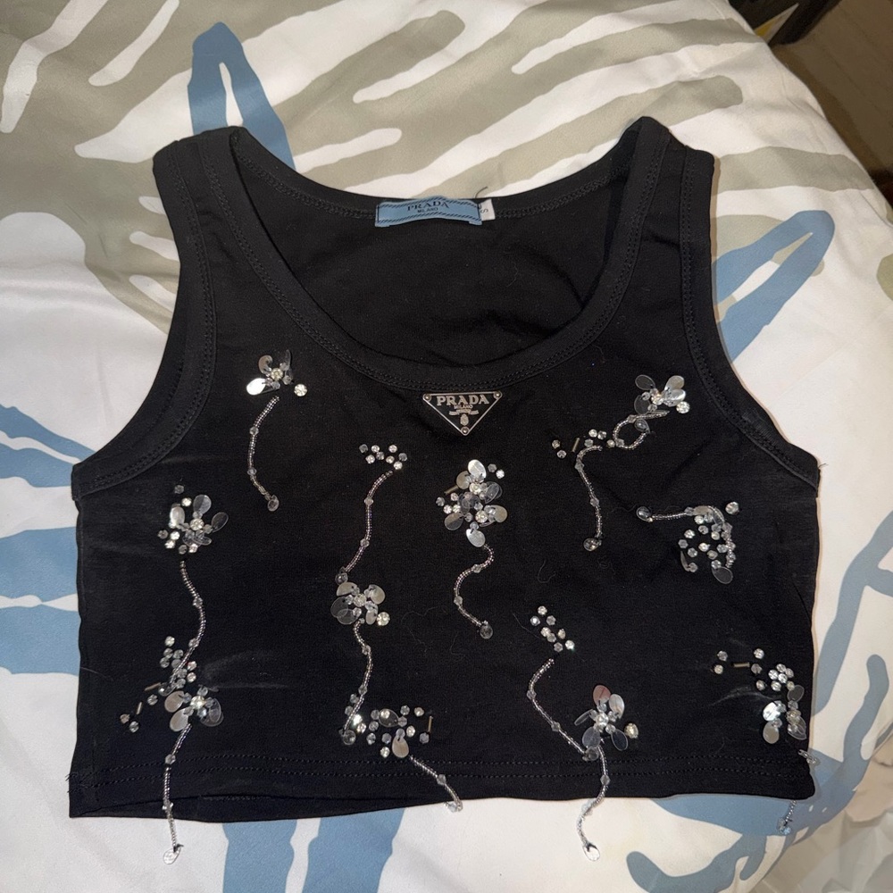 Prada Black and Silver Sequin Crop Top